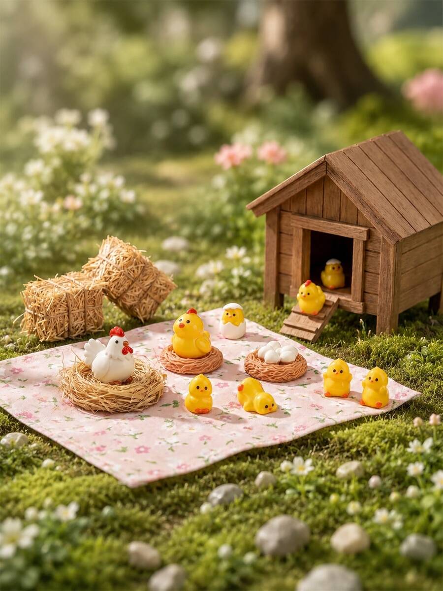 13pcs Mini Chicken Family Resin Figurines, Chicken Theme Desktop Garden Yard Decor, Resin Landscape Decoration, Suitable For Home Party Decoration - A - View 1