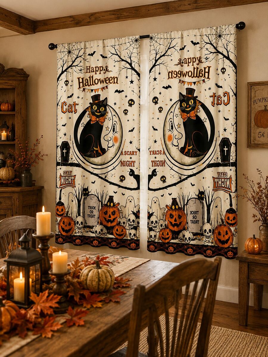 2pcs Vintage Halloween Curtains, Black Cat Moon Pumpkin Cemetery Skull Bat Print Curtain Fabric, Suitable For Living Room Bedroom Haunted House Party Decoration - F - View 1