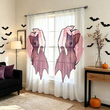 2PCS Halloween Fall Pink Heart Bat Print Sheer Curtains, Bedroom Living Room Window Drapes, Rod Pocket Polyester, Home Decor - Multicolor - View 8