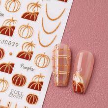 2 Sheets Fall Pumpkin Nail Stickers - Golden Glitter Plaid & French Tip Design, Autumn Nail Art Decals For DIY Manicure, Women & Girls - Orange - View 7