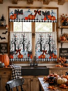 3pcs Halloween Kitchen Curtain Set, Spooky Tree Polka Dot Pumpkin Bow Buffalo Plaid Print Tier Panels And Valance For Rustic Farmhouse Window Decor - B - View 3