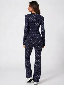 Never me Women's Polka Dot Long Sleeve Sportswear Set, Crew Neck Slim Fit Top With Button Waist And Flared Pants, 2 Pieces Set - Navy Blue - View 2