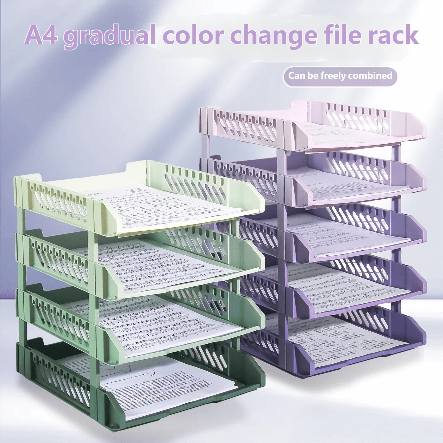 Organizador de escritorio de plástico para archivos, bandeja de documentos apilable de 3 niveles con colores degradados, soporte para carpetas y papeles, cesta organizadora para oficina, accesorio práctico para ordenar escritorio, se puede combinar libremente, diseño ventilado, ideal para almacenar hojas, document - Organizador de archivos azul - Ver 1