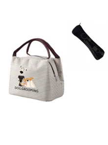 Cute Dog & "Dog Grooming" Striped Lunch Bag, Handbag, Striped Design, Multi-Functional Storage Bag, Lightweight Travel Handbag, Exquisite Gift - Multicolor - View 15