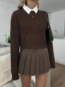 Dila Polly 女款純色秋冬休閒百搭短版毛衣 棕色 Y2K 短款毛衣 返校日穿搭 - 棕色 - 查看 6