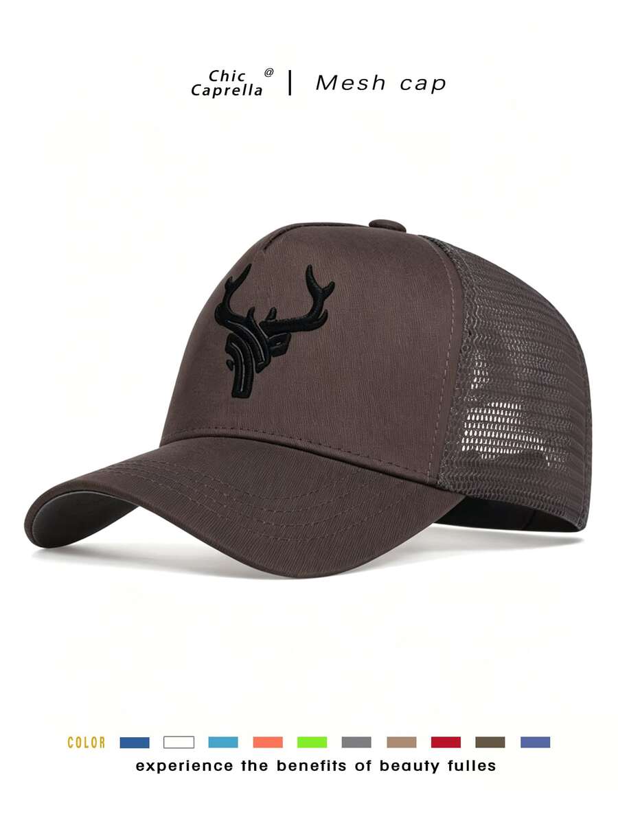 1pc Men's Deer Horn Embroidered Baseball Mesh Cap, Adjustable Sun Protection Casual Hat, Suitable For Spring, Summer, Autumn Travel, Beach, Party