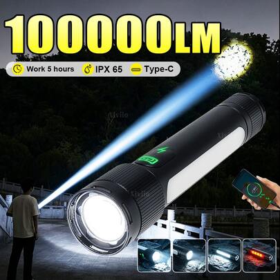 Linterna LED de alta luminosidad y múltiples modos, linterna táctica recargable Tipo-C con zoom telescópico y función de salida, luz principal, lateral y trasera 3 en 1, Body liso de aleación de aluminio impermeable, adecuada para caza, ciclismo, senderismo, pesca, camping, exploración y emergencias al aire libre