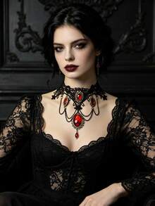 European & American Exaggerated Halloween Necklace Gothic Style Red Ruby Water Drop Lace Pendant Jewelry Costume Prop Accessory Gift For Girlfriend - Multicolor - View 1