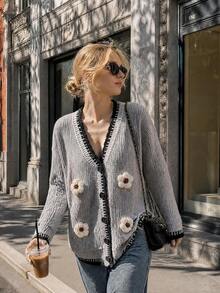 Women's Winter 3D Floral Knit Cardigan - Contrast Trim Cardigan, Christmas New Year Holiday - Grey - View 3