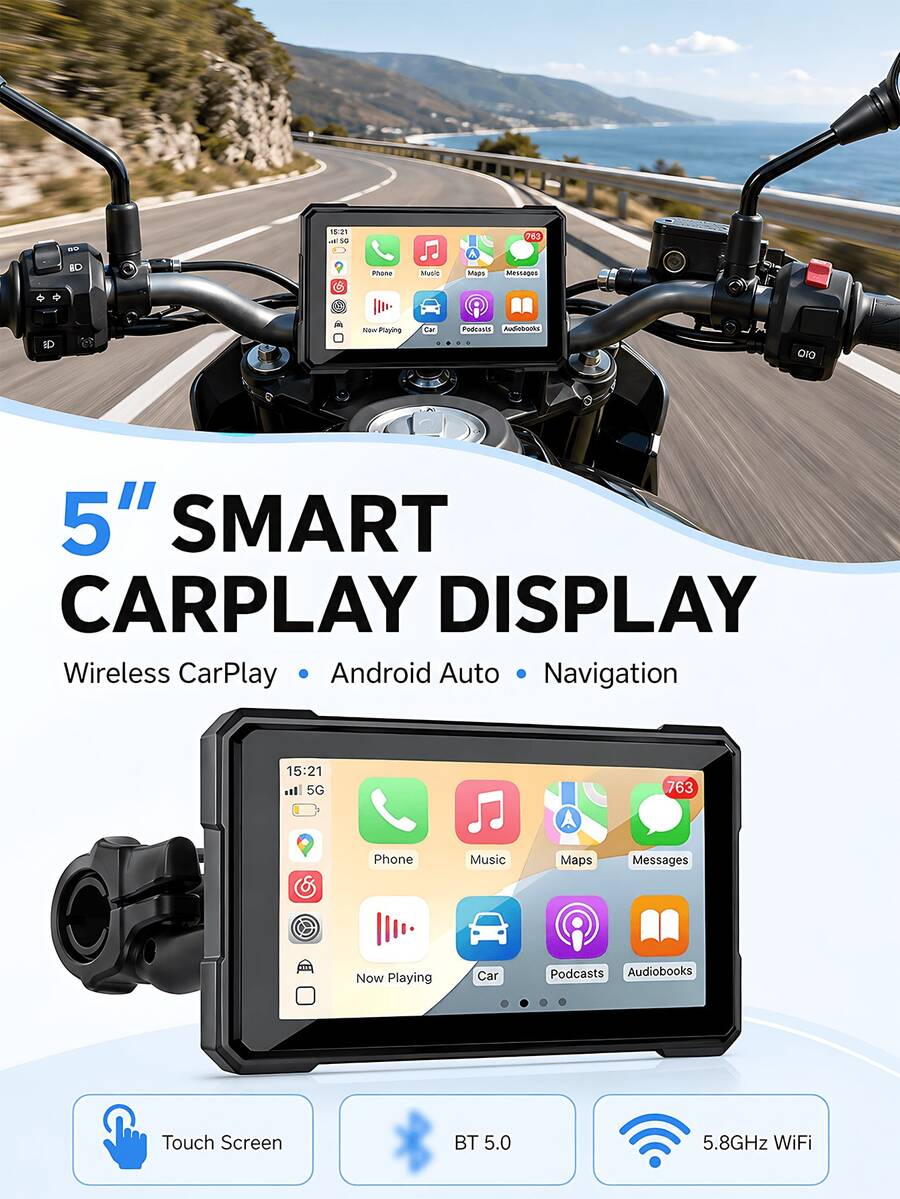 2026 Motorcycle 5-Inch GPS Car Screen, Supports Wireless CarPlay And Android Auto, IP67 Waterproof Touchscreen, GPS Navigation, Supports Wireless Connection, Siri, Voice Assistant, Voice Control, Includes Mount