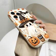 Halloween Cute Ghost & Pumpkin Phone Case, Wavy Pattern Full Coverage Anti-Drop Soft Shell Compatible With Apple 17 16 15 14 13 12 11 Pro Max - Multicolor - View 4