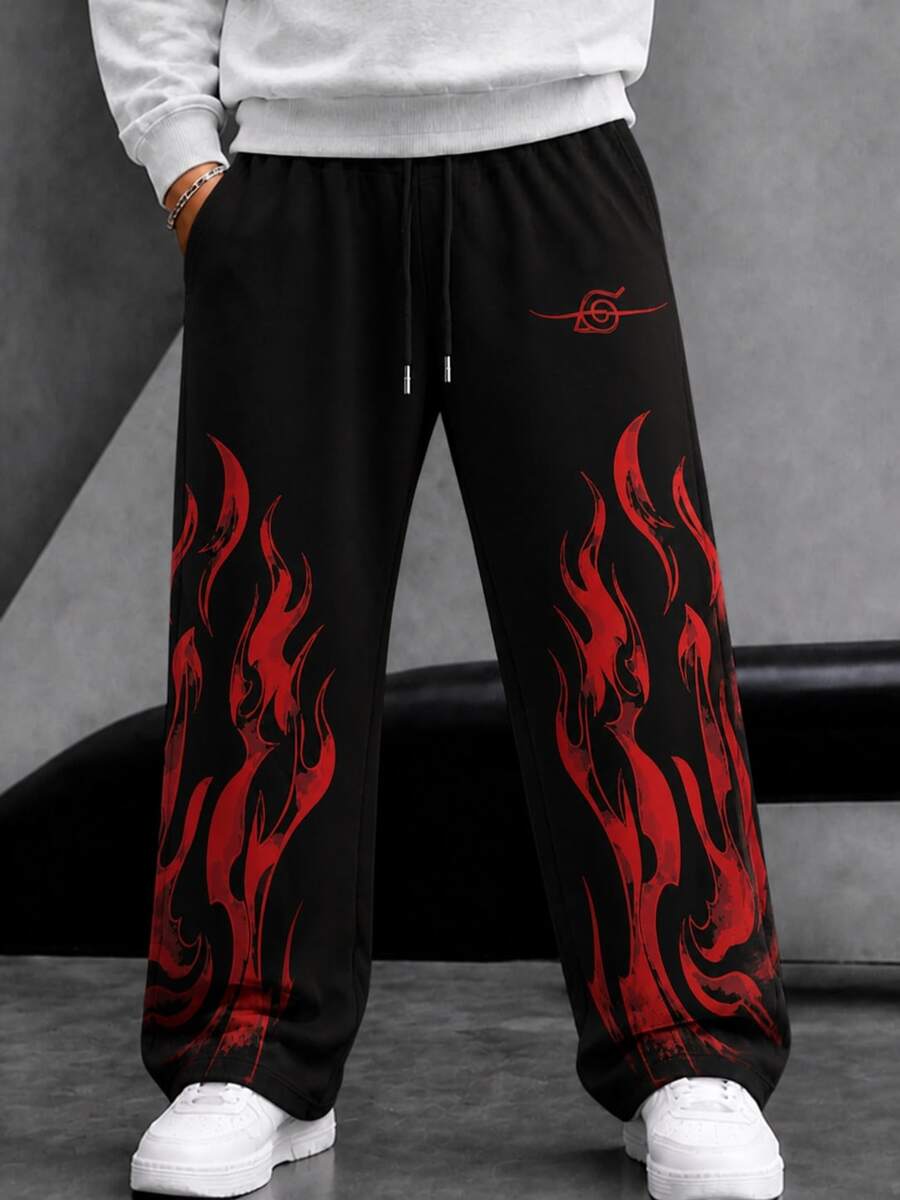 Krometka Men's Red Flame Print Wide Leg Sweatpants, Drawstring Waist Loose Straight Leg Casual Long Pants, High Street Brand Sports Pants - Black - View 1