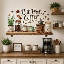 But First, Coffee Kitchen Wall Sticker, Vintage Coffee Grinder, Coffee Beans, Mugs, Rosemary & Cinnamon Wall Decal, Removable Self-Adhesive Rustic Coffee Bar Wall Art For Kitchen, Dining Room, Cafe & Home Decor - HG33 - View 3