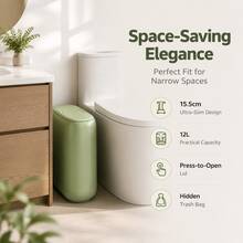 1pc Narrow Bathroom Trash Can, Pebble-Shaped Gap Waste Bin, Inner And Outer Dual-Bucket Design, Hidden Trash Bag, Rounded Aesthetic Trash Can, Multiple Colors Available, Suitable For Small Spaces Beside Toilet, Home Decor - Vintage Green - View 2