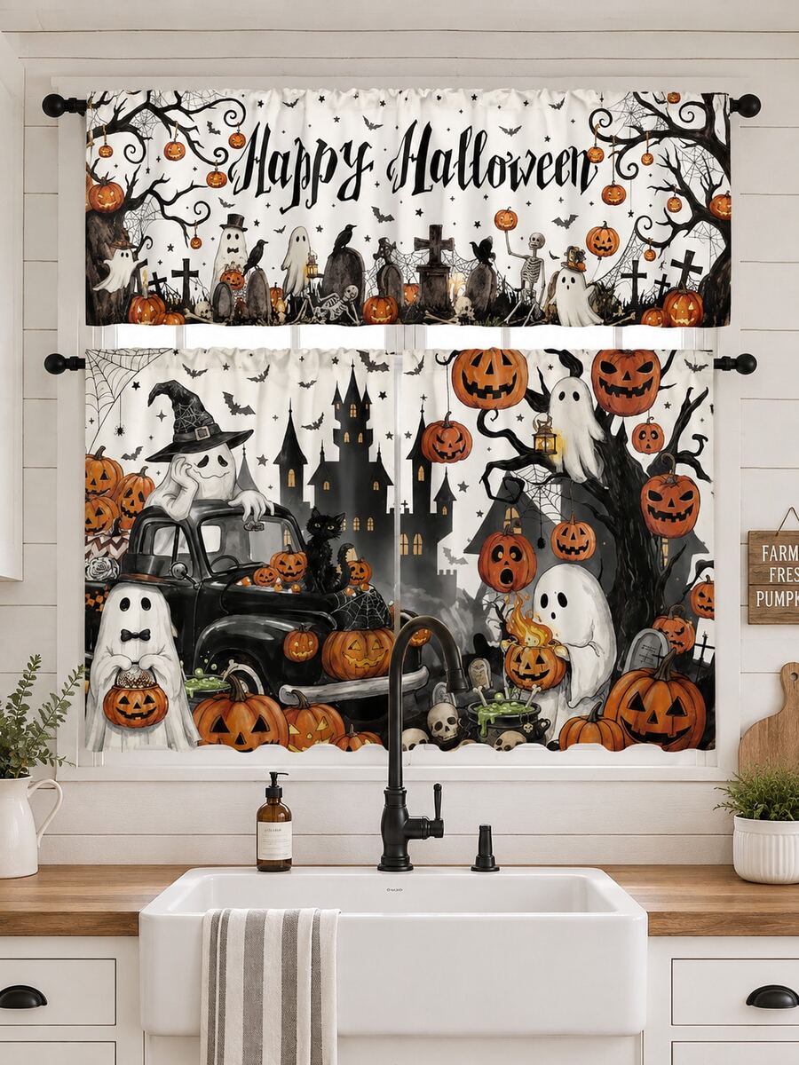 3pcs Happy Halloween Kitchen Curtain Set, Ghost Pumpkin Haunted Castle Truck Graveyard Print Tier Panels With Valance For Spooky Farmhouse Window Decor - E - View 1