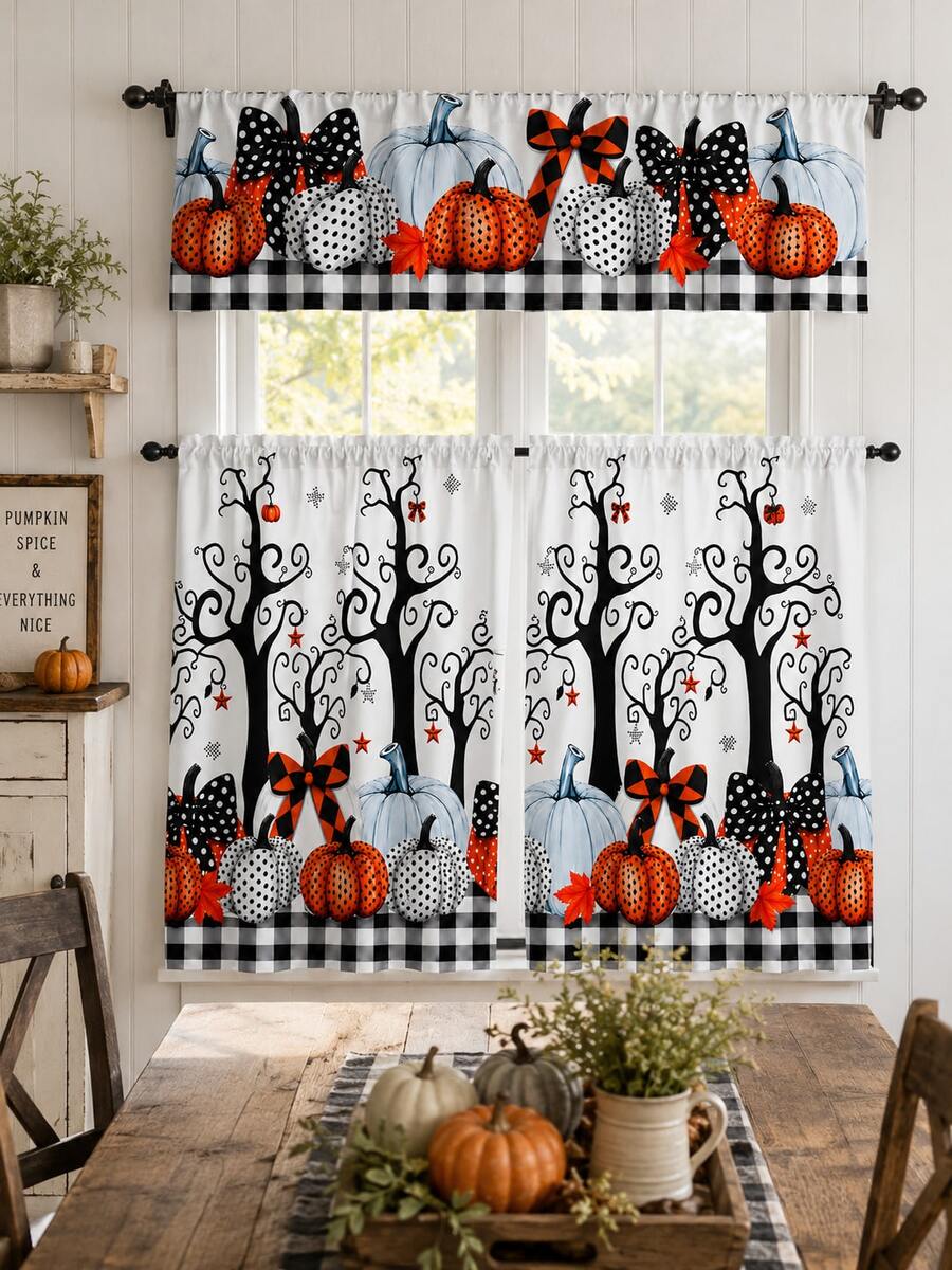 3pcs Halloween Kitchen Curtain Set, Spooky Tree Polka Dot Pumpkin Bow Buffalo Plaid Print Tier Panels And Valance For Rustic Farmhouse Window Decor - B - View 1