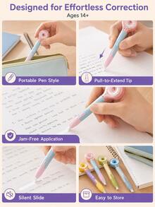 4pcs/Box Pen-Style Correction Tape Set, Cute Retractable White Out Tape, Large Capacity Silent Correction Roller For Girls, Middle School & High School Students, School Supplies - Multiple Options Available - View 3