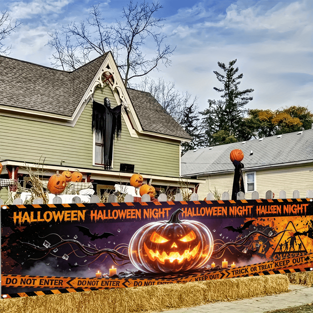 1pc Halloween Pumpkin Warning Banner, Made Of Polyester. Suitable For Indoor, Outdoor, Courtyard And Garden Halloween Party Decorations. It Features Spooky Atmospheric Elements Including Grinning‑Face Pumpkins, Bats, Warning Tape And Candles.