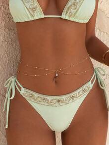 1pc Bohemian Style Double Layer Beaded Waist Chain, Shiny Water Drop Rhinestone Pendant Body Chain, Beach Swimwear Body Jewelry, Sexy Vacation Party Atmosphere Belly Chain - Gold - View 3