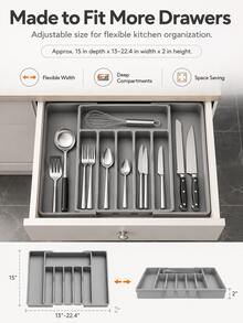 1pc Drawer Organizer Box, Expandable Kitchen Utensil Tray, Adjustable Plastic Spoon Fork Knife Storage Rack, Large Capacity Kitchen Accessories (Black, Grey, White) - Black - View 7