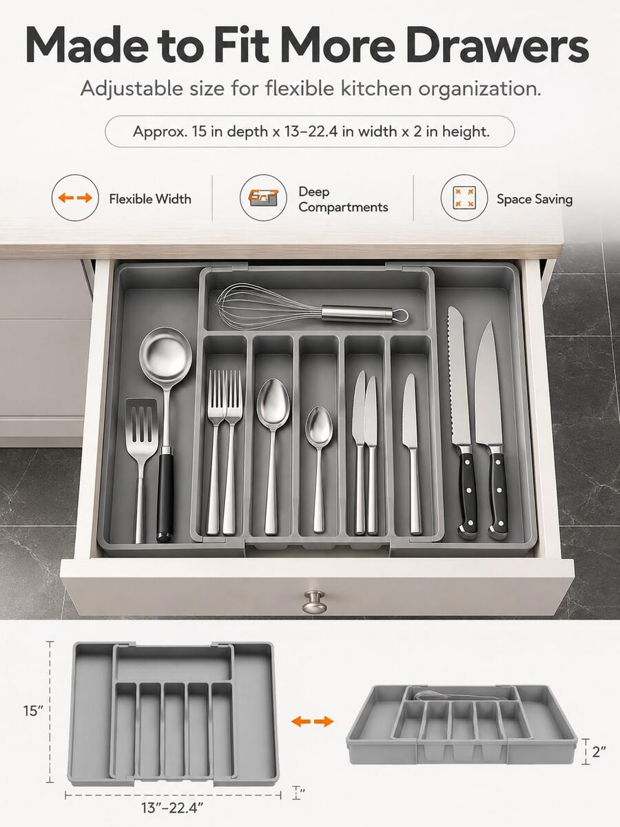 1pc Drawer Organizer Box, Expandable Kitchen Utensil Tray, Adjustable Plastic Spoon Fork Knife Storage Rack, Large Capacity Kitchen Accessories (Black, Grey, White)