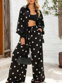Women's Elegant Bohemian Polka Dot 2-Piece Set, Shirt Collar Button-Up Top With Wide Leg Pants, Fashion Casual Non-Stretch Outfit, Suitable For Daily Wear And Spring/Autumn - Black - View 1