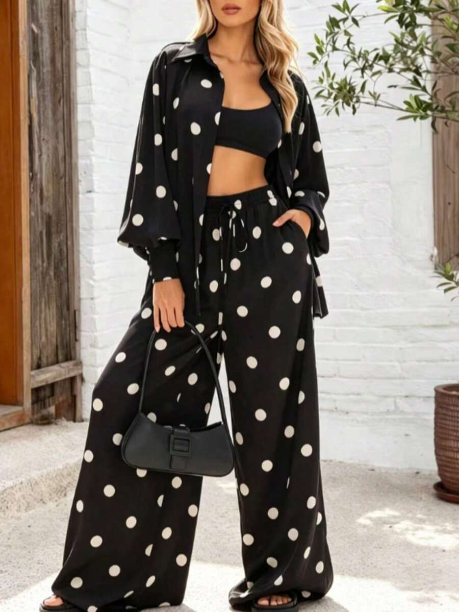 Women's Elegant Bohemian Polka Dot 2-Piece Set, Shirt Collar Button-Up Top With Wide Leg Pants, Fashion Casual Non-Stretch Outfit, Suitable For Daily Wear And Spring/Autumn - Black - View 1