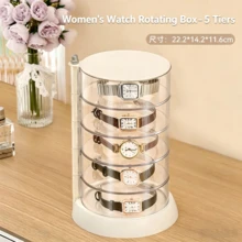 1pc 360° Rotating Watch Storage Box, Dust-Proof Visible Space-Saving Large Capacity Premium Transparent PET Plastic Watch Display Case, Minimalist Modern Transparent Cream White Cylindrical 3/4/5 Layers Optional Independent Compartments Stable Non-Slip Base, Watch Bracelet Jewelry Organizer Display Rack, Vanity Bedroom Daily Use, Birthday Housewarming Mother's Day Gift - Multicolor - View 8
