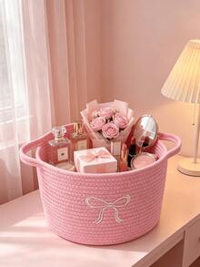 1pc Large Capacity Exquisite Bow Embroidery Pattern Storage Basket, Perfect For Storing Toys, Stationery, Perfume, Cosmetics, Gifts, Miscellaneous Items, Holiday Gift Packaging, Home Decor - Pink - View 3