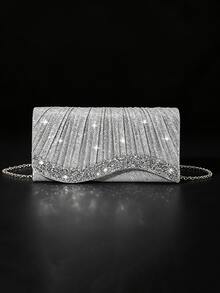 Women's Evening Clutch Bag With Rhinestones, Chain Shoulder Bag, Luxury Rhinestone Necklace, Earrings, Bracelet Jewelry Set, 4pcs - Silver - View 2