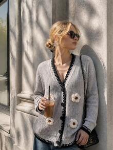 Women's Winter 3D Floral Knit Cardigan - Contrast Trim Cardigan, Christmas New Year Holiday - Grey - View 2