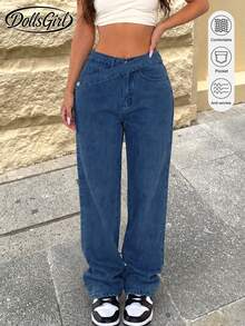 Women's Y2K Washed Asymmetric Belt Decor Casual Jeans With Side Pockets Spring Fall - Dark Blue - View 1
