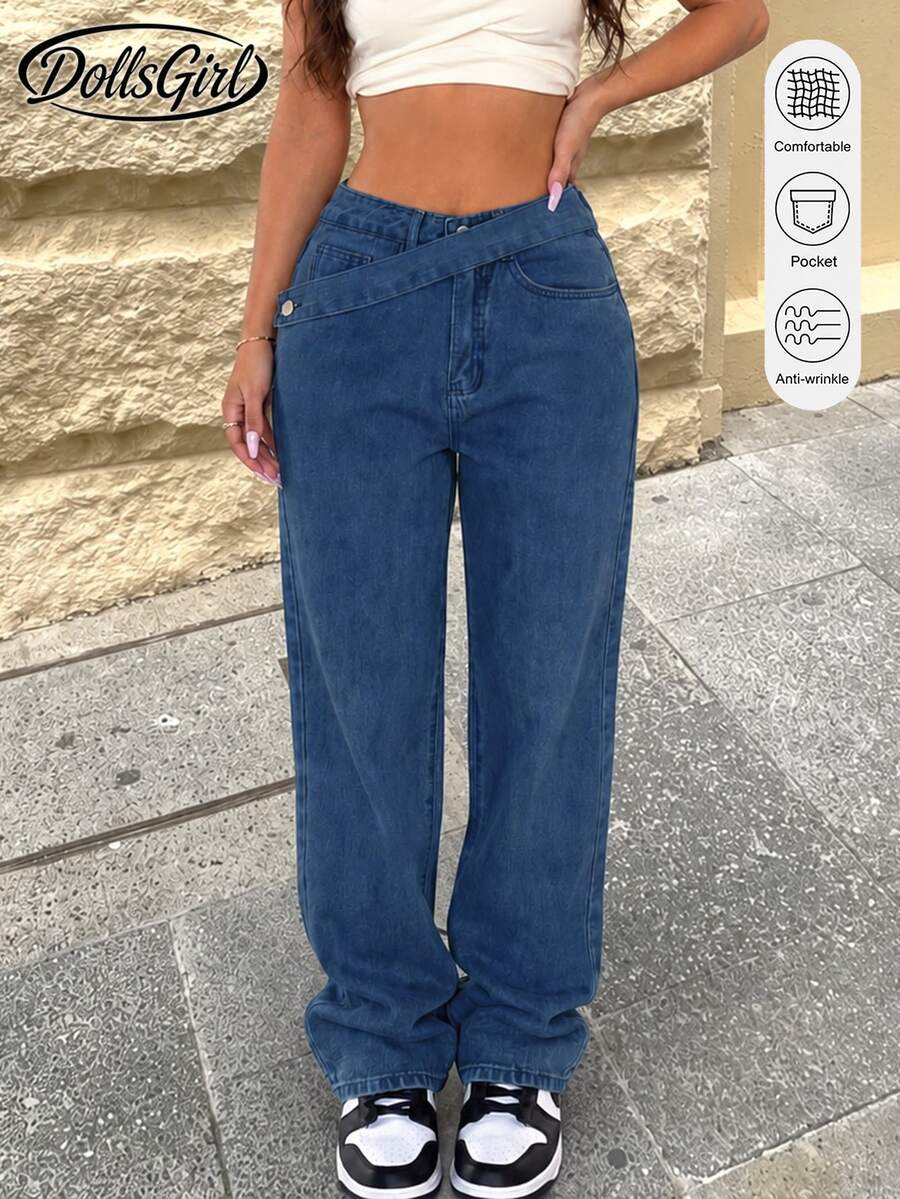 Women's Y2K Washed Asymmetric Belt Decor Casual Jeans With Side Pockets Spring Fall - Dark Blue - View 1