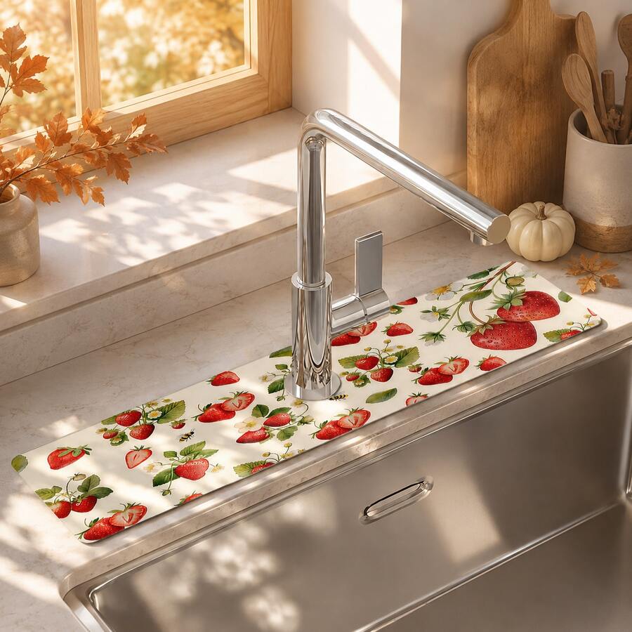 1pc Strawberry Pattern Faucet Mat Decor, Sink Faucet Absorbent Mat, Drainage Mat, Suitable For Kitchen, Bathroom Sink, Countertop, Drainage Mat, Diatomaceous Earth Material, Trimmable, Quick Drying Mat - Multicolor - View 1