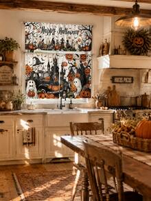 3pcs Happy Halloween Kitchen Curtain Set, Ghost Pumpkin Haunted Castle Truck Graveyard Print Tier Panels With Valance For Spooky Farmhouse Window Decor - E - View 5