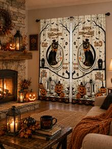 2pcs Vintage Halloween Curtains, Black Cat Moon Pumpkin Cemetery Skull Bat Print Curtain Fabric, Suitable For Living Room Bedroom Haunted House Party Decoration - F - View 7