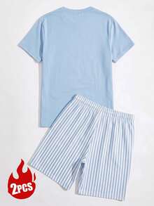 Men's Summer Crew Neck Casual T-Shirt And Casual Shorts Loungewear Set - Baby Blue - View 5