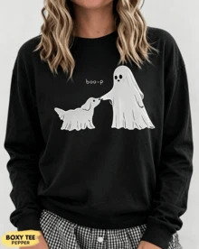 Camiseta y camiseta sin mangas de Halloween con un divertido diseño de perro fantasma, ideal para las madres de perros. Una prenda casual y adorable para la temporada de Halloween, perfecta para los amantes de los animales. Tejido suave y cómodo, ideal pa - Negro - Ver 2