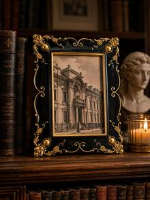 1pc Black Gold Baroque Picture Frame, Vintage Ornate European Style Photo Holder, Elegant Rectangular Tabletop Frame For Bedroom Living Room Desk Shelf Home Decor - New - View 2