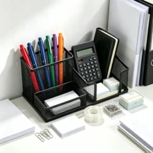 Black Metal Mesh Desk Organizer, Pen Holder With Note Holder, Office Desk Storage, 205*103*98 Mm - Black - View 1