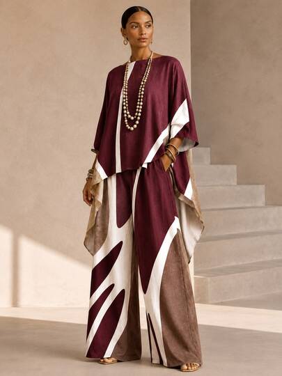 Women's Woven Fabric Oversized Top And Wide Leg Pants Set, Elegant Casual Summer-To-Fall Outfit For Brunch And Vacation, Two Piece Set For Women