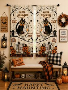 2pcs Vintage Halloween Curtains, Black Cat Moon Pumpkin Cemetery Skull Bat Print Curtain Fabric, Suitable For Living Room Bedroom Haunted House Party Decoration - F - View 8