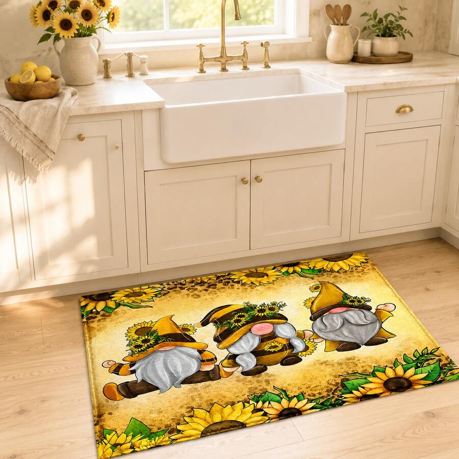1pc Sunflower Gnome Print Faux Wool Rug, Cute Country Gnome And Sunflower Floral Pattern Carpet, Farmhouse Style Home Decor, Suitable For Entryway, Kitchen, Living Room, Bedroom - Multicolor - View 1