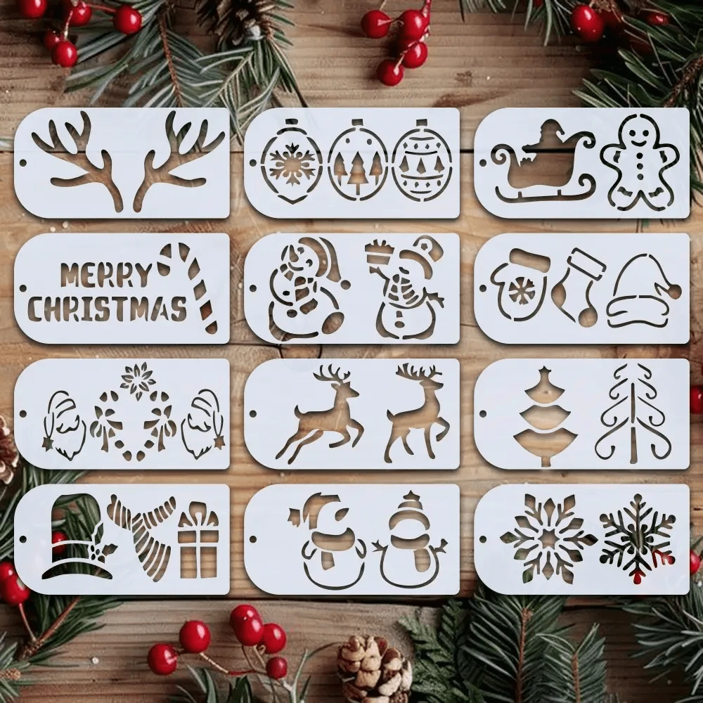12-Piece Christmas Pattern Template Set Is Suitable For Home Decor, Wall Art, DIY Greeting Card Making, Gift Making, Fabric Painting, And Cookie Making. It Includes Snowmen, Reindeer, Sleighs, Snowflakes, And Other Christmas Crafts. - Sets - View 1