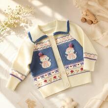 1pc Girls Winter Snowman Jacquard Knit Cardigan, Peter Pan Collar Contrast Color Single-Breasted Long Sleeve Baby Coat, Spring/Autumn Layering Sweater - Beige - View 1