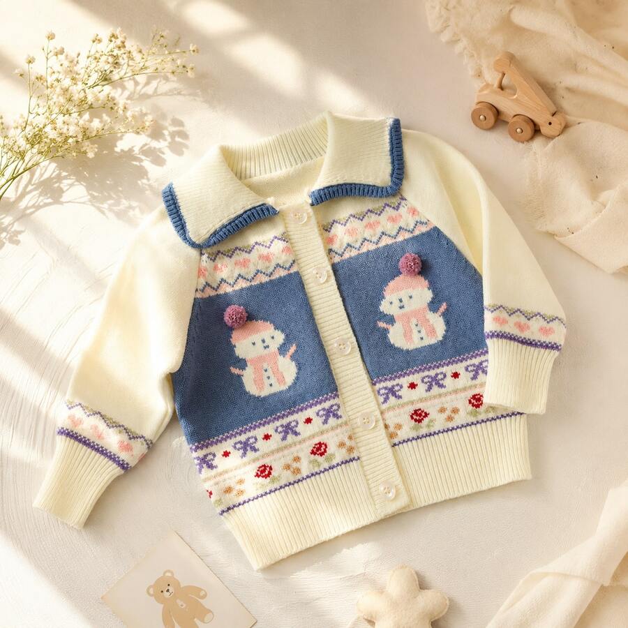 1pc Girls Winter Snowman Jacquard Knit Cardigan, Peter Pan Collar Contrast Color Single-Breasted Long Sleeve Baby Coat, Spring/Autumn Layering Sweater - Beige - View 1