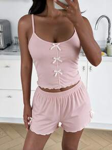 2pcs/Set Women's Bow Decor Ribbed Pajama Set, Wavy Edge Camisole Top And Elastic Waist Shorts, Sweet Home Sleepwear - Pink - View 3