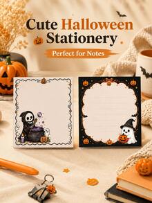 1set/400cps Skull Magic Cauldron Pattern Halloween Square Sticky Notes, White Writing Pages With Black And Orange Wavy Borders, Grim Reaper Skull, Purple Magic Potion, Candle, Pumpkin Lantern And Little Ghost Elements, Strong Holiday Atmosphere, Ample Writing Space, Detachable For Use, Suitable For Memo Recording, Message Reminders, Schedule Planning, Work Plans, Classroom Notes, Key Point Marking - one-size - View 2