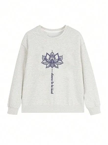 Women's Autumn/Winter Pure Cotton Loose Casual Versatile Letter Flower Cartoon Print Crew Neck Sweatshirt - Light Gray - View 4
