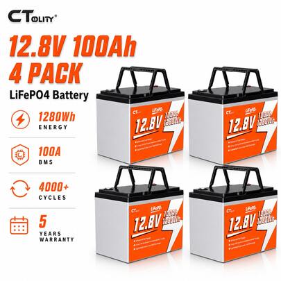 CTOLITY CT100-12 1280Wh 100Ah 12.8V  LiFePO4 Battery Built-In 100A BMS A Grade Cells Max 1280W 4000+ Cycle Solar Generater RV